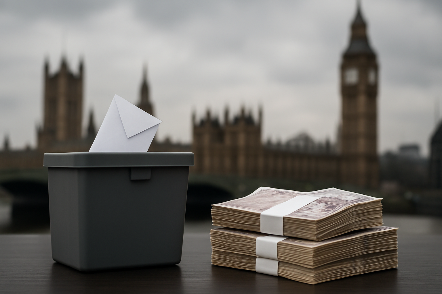 Stapel britischer Pfundnoten neben Wahlurne als Symbol für den Einfluss großer Parteispenden auf die Demokratie