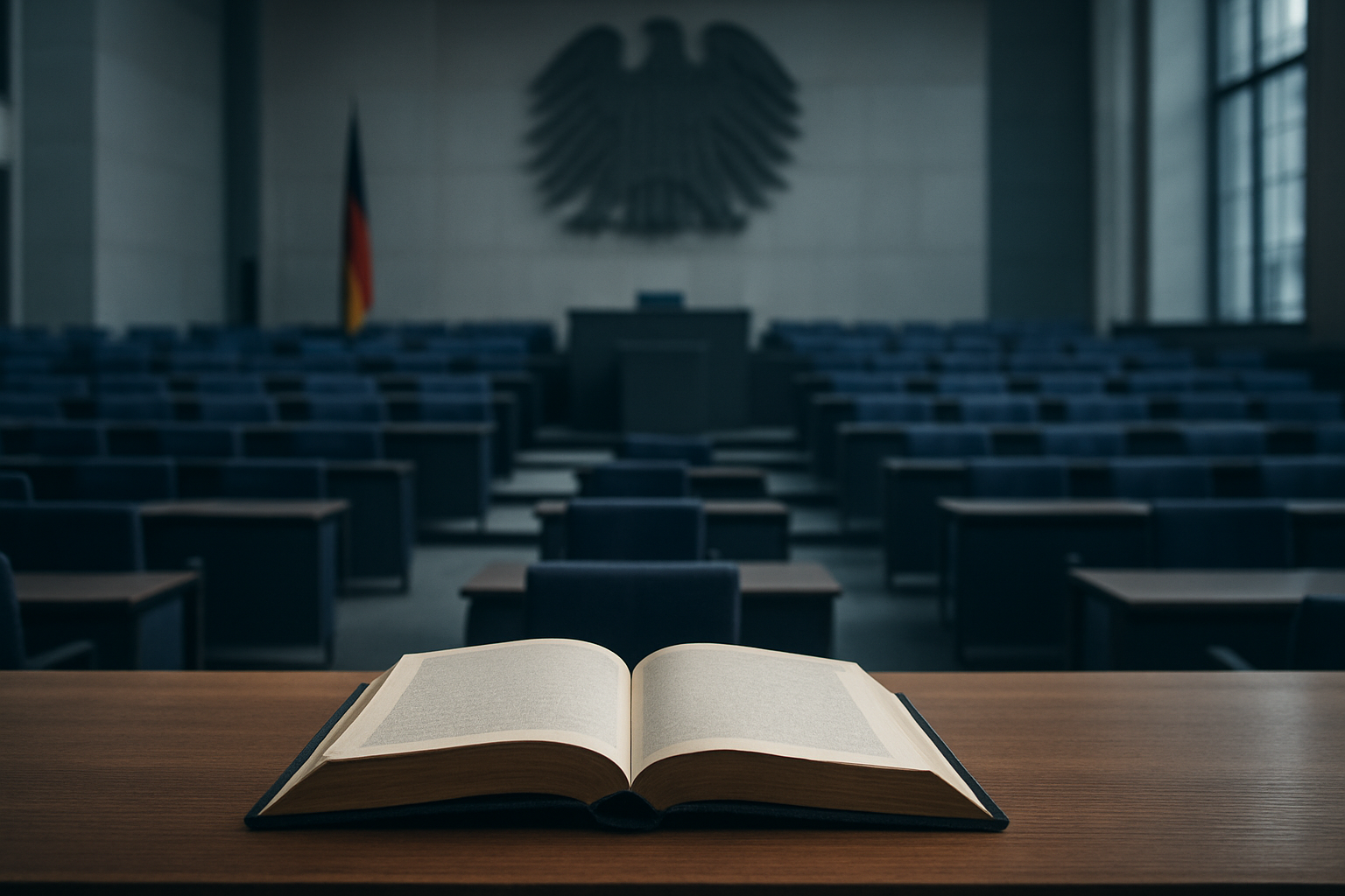 Ein aufgeschlagenes Grundgesetz in einem leeren Plenarsaal
