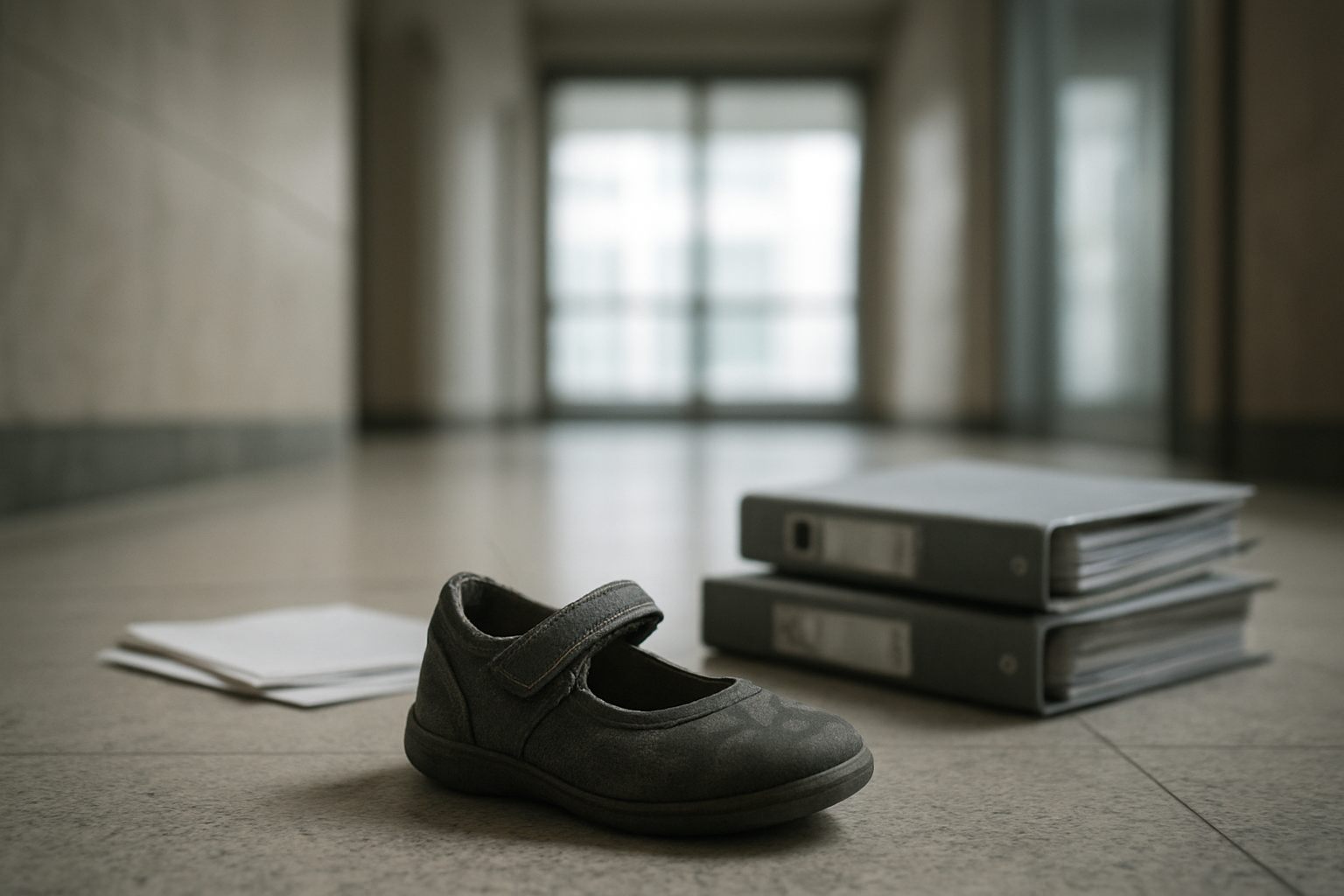 Ein leerer Kinderschuh neben Aktenordnern zum Bundeshaushalt.