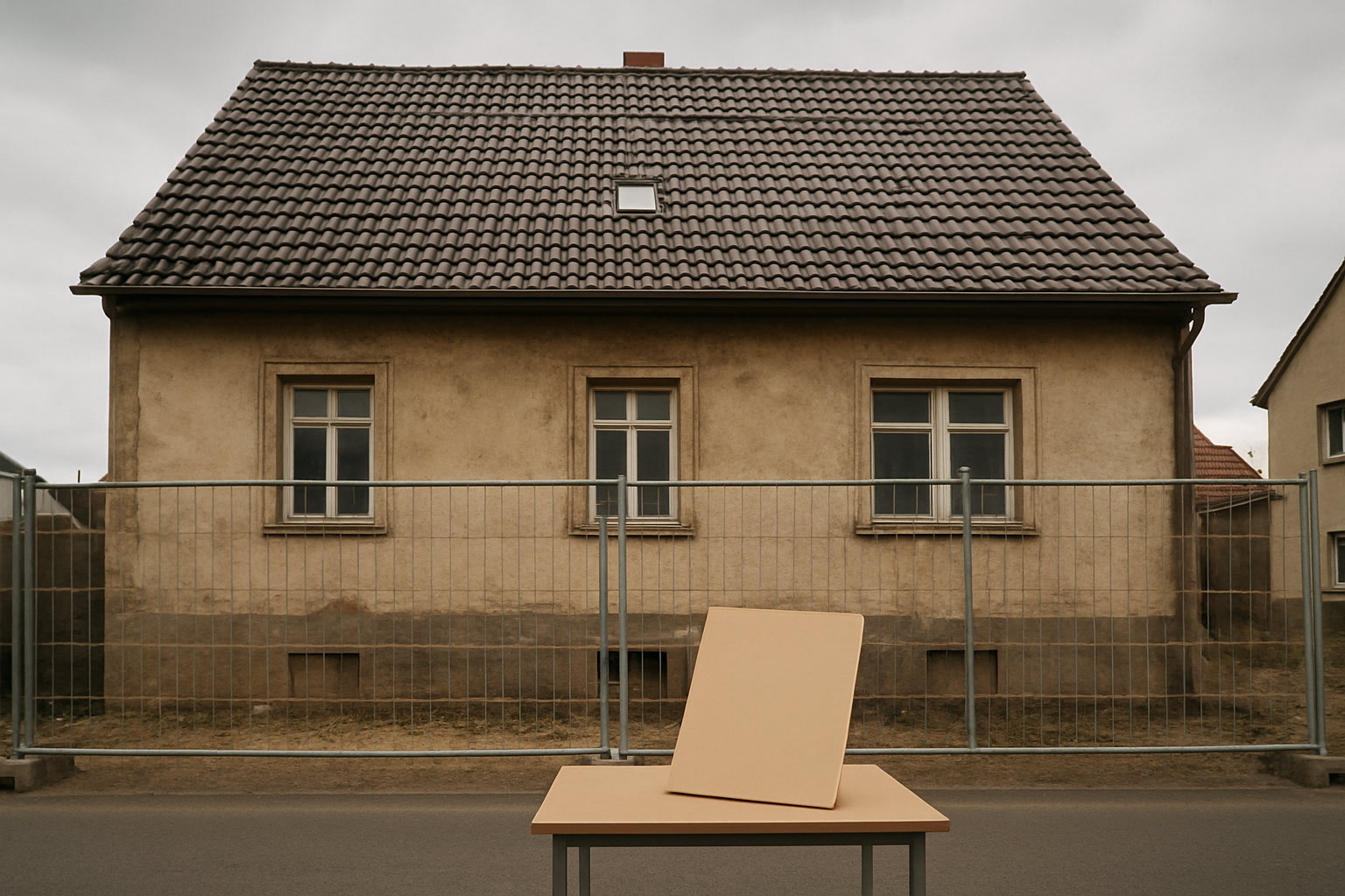 Ein frisch gedecktes Dach über einem alten Haus als Symbol für absurde Bürokratie