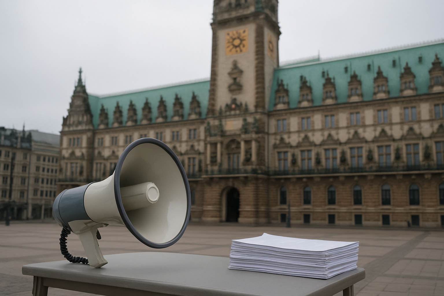 Hamburger Rathaus und Megafon als Symbol für ungleiche Chancen bei Volksentscheiden
