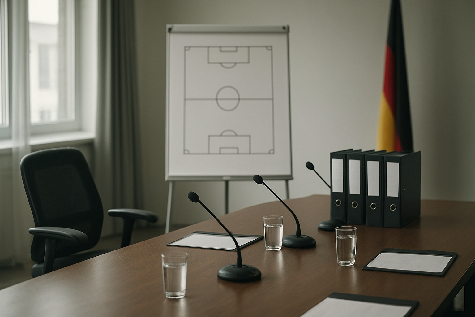 Leerer Trainerstuhl neben einem Sitzungstisch als Sinnbild deutscher Rücktrittskultur.