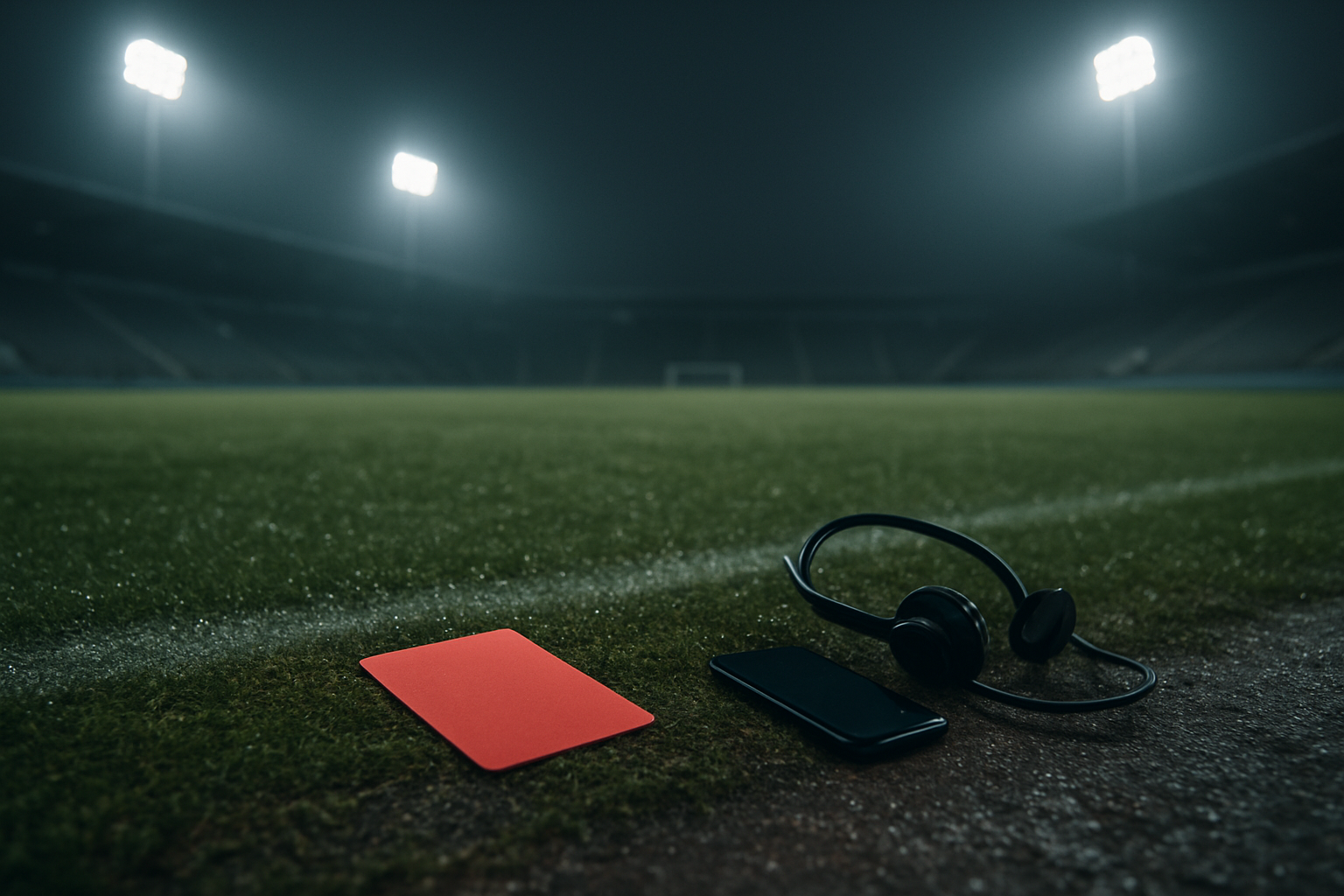 Ein leerer Fußballplatz unter Flutlicht, am Spielfeldrand liegt eine rote Karte.