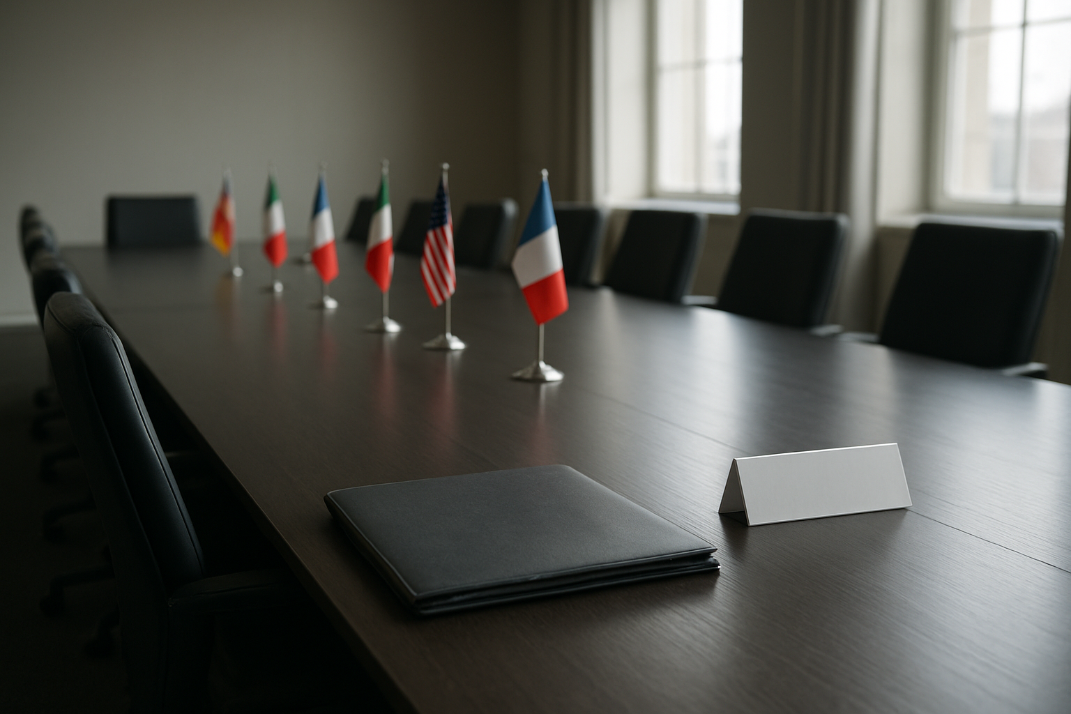 Ein leerer Konferenztisch als Symbol für internationale Sicherheitspolitik und politische Feindbilder