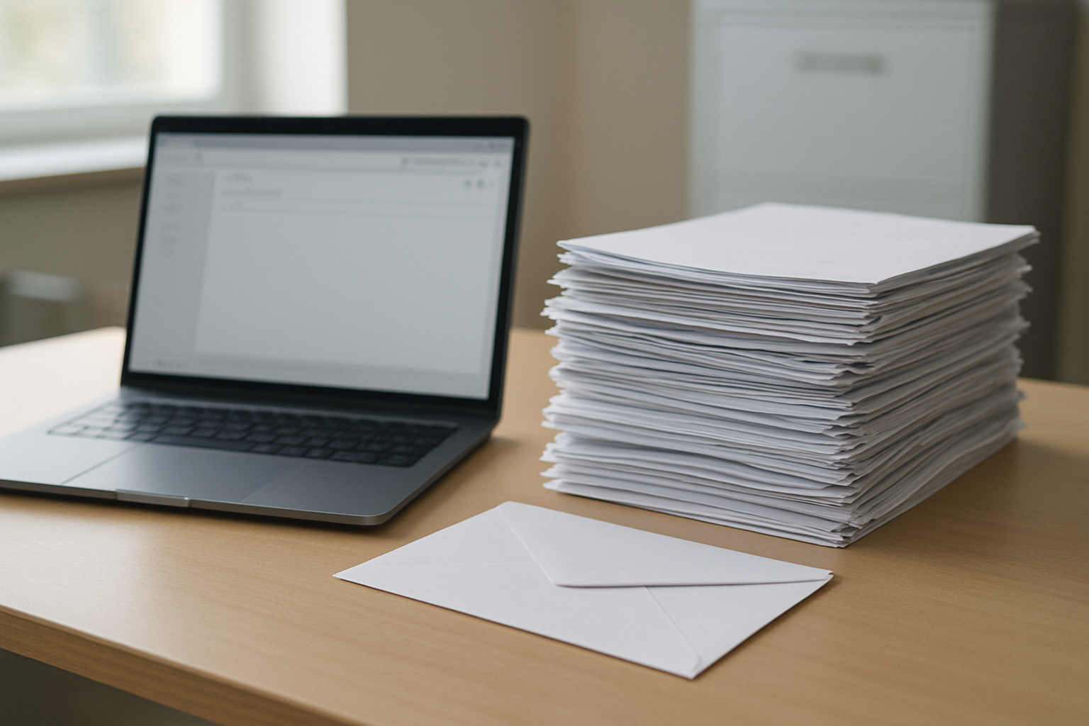 Laptop mit geöffneter E-Mail neben Papierakten als Symbol für verspätete Verwaltungsdigitalisierung