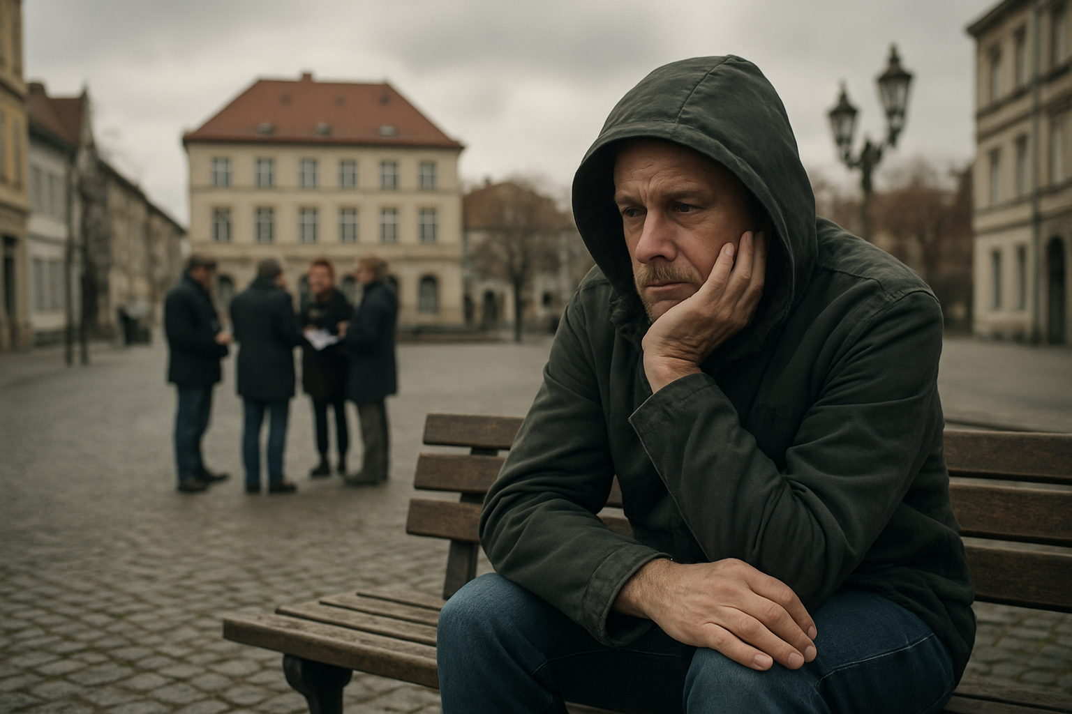 Eine Person sitzt abseits einer politischen Versammlung auf einer Bank.
