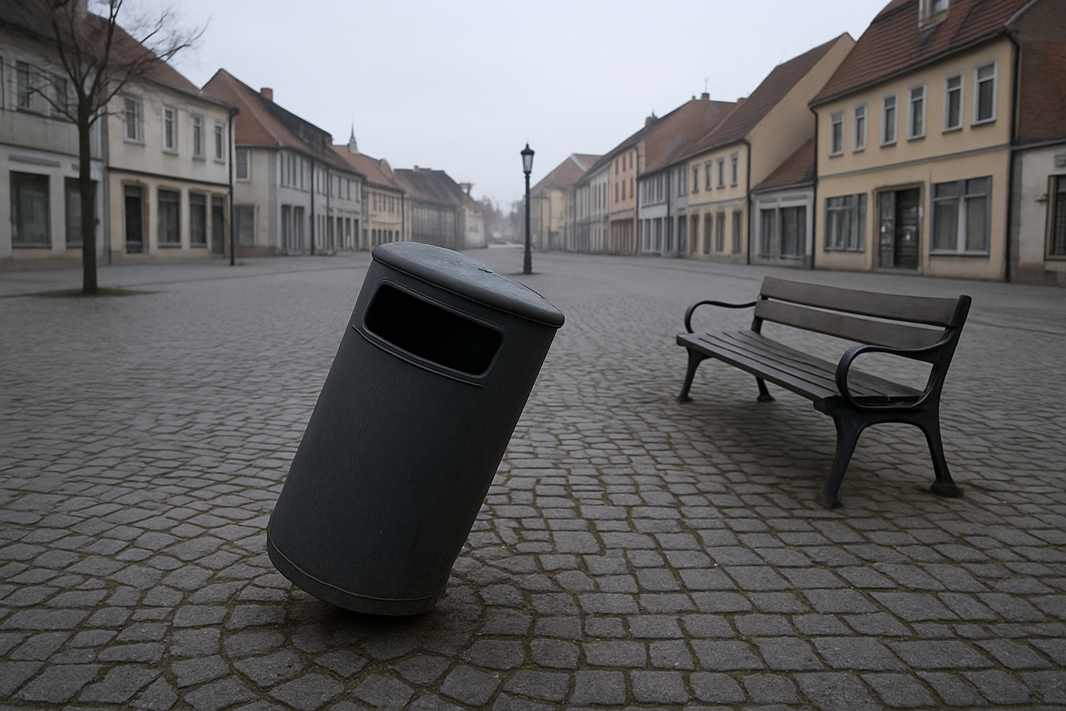 Schiefer Mülleimer auf einem leeren Stadtplatz.