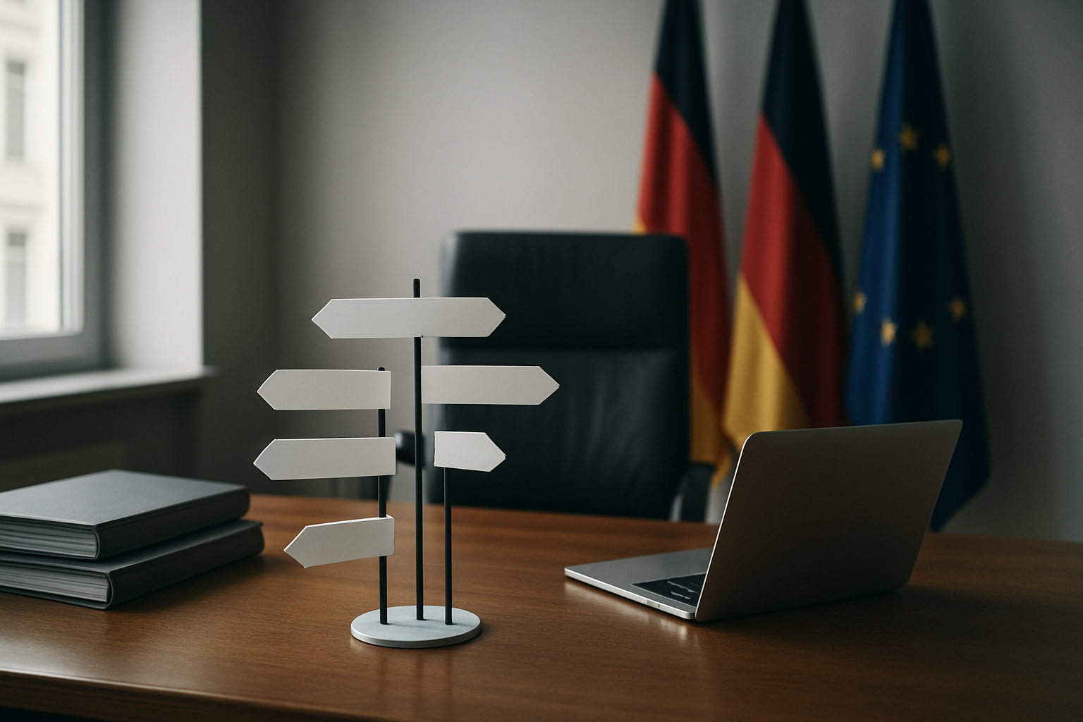 Leerer Ministerschreibtisch mit wechselnden Wegweisern als Symbol für unsichere Wirtschaftspolitik