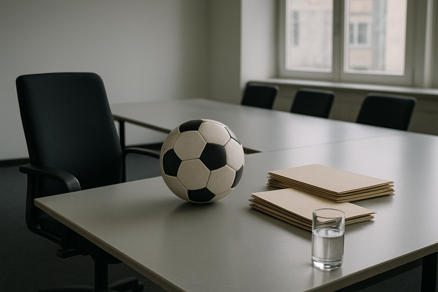 Ein leerer Trainerstuhl neben einem Sitzungstisch als Sinnbild politischer Verantwortung.
