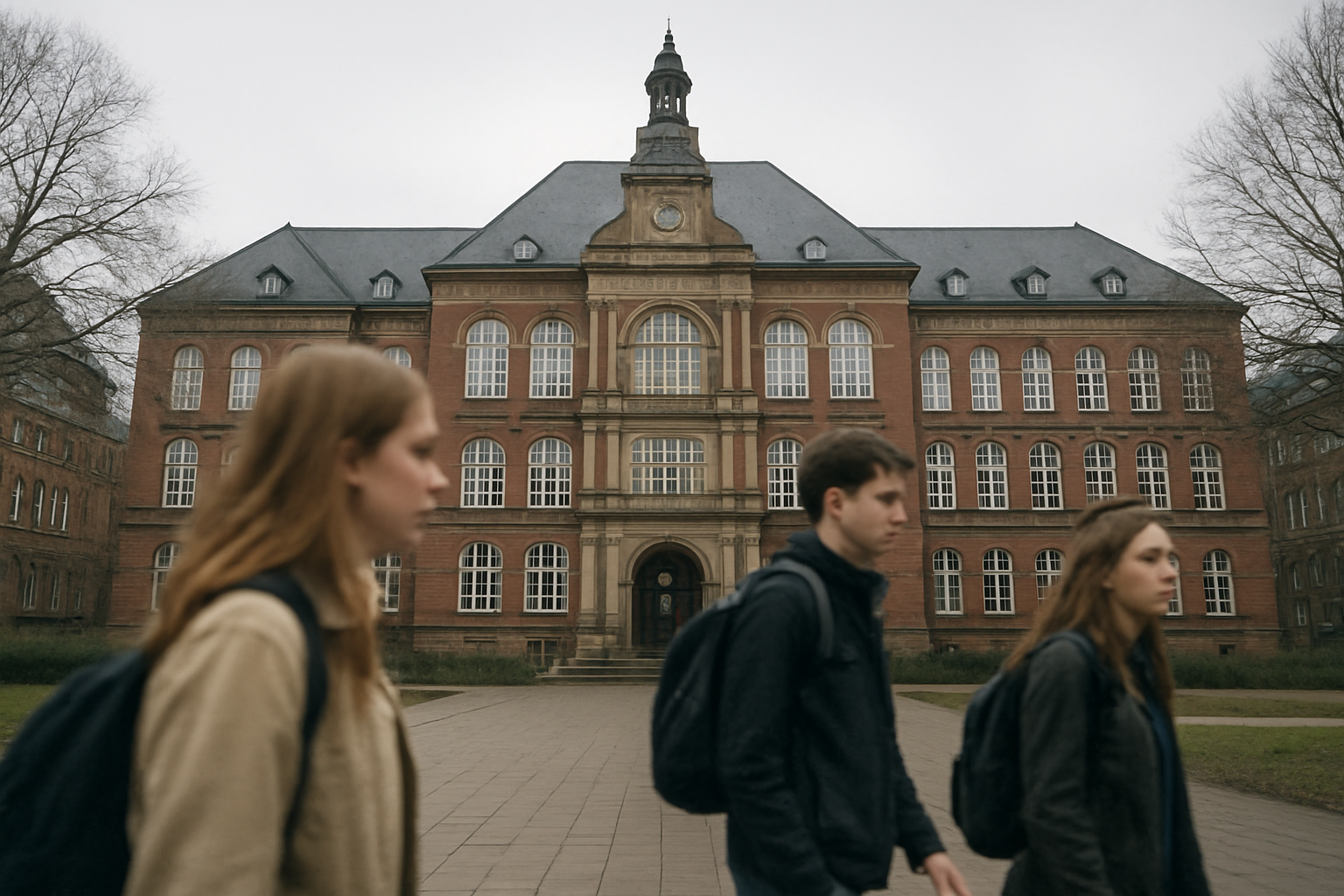 Studierende vor einem Universitätsgebäude in Hamburg an einem grauen Tag.