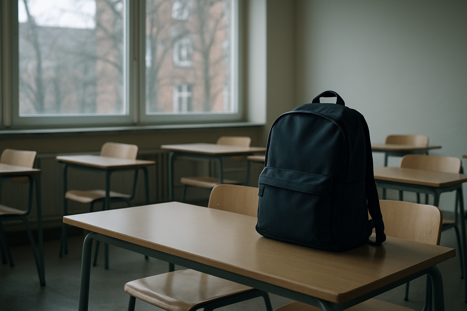 Ein leerer Klassenraum in Hamburg mit einzelnen Schulstühlen am Morgen.