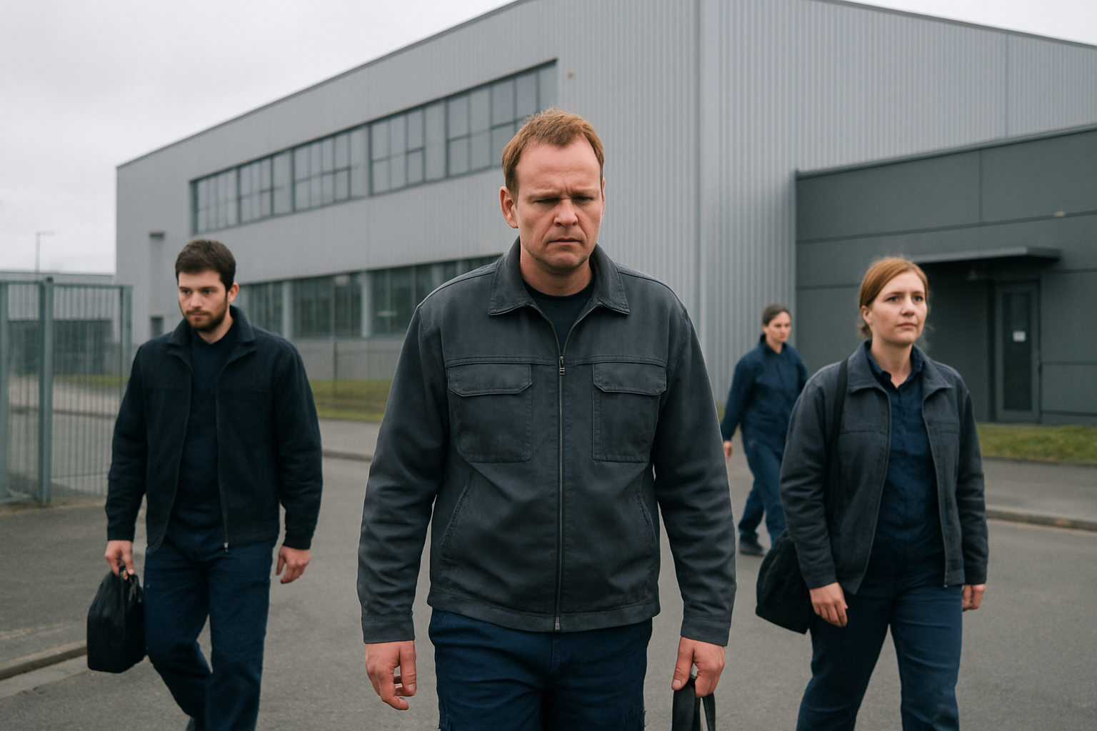 Beschäftigte verlassen ein Industriegebäude nach Schichtende.