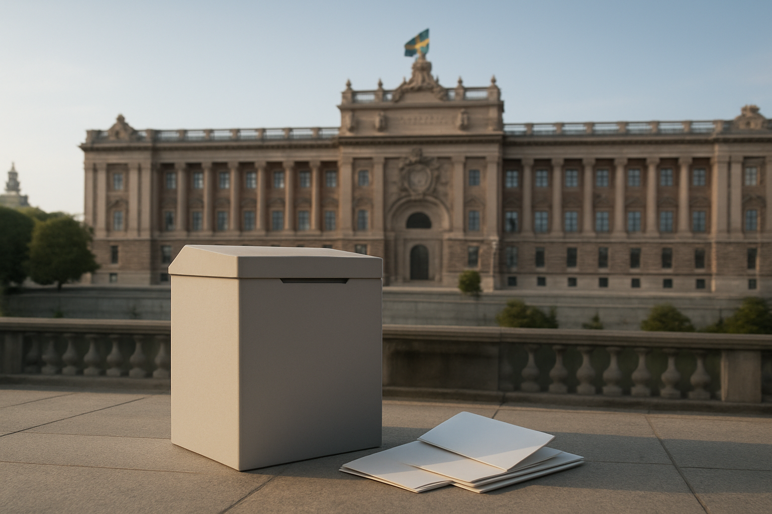 Schwedisches Parlament und Wahlurne als Symbol für eine demokratische Verschiebung gegen den Rechtsruck