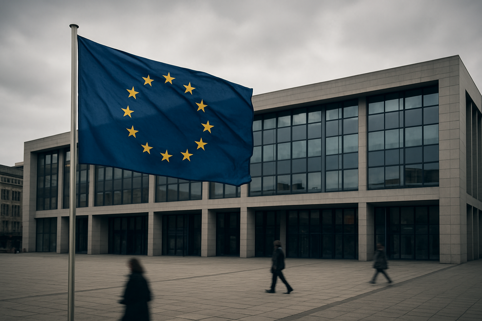 Eine EU-Flagge vor einem öffentlichen Gebäude an einem bewölkten Tag.