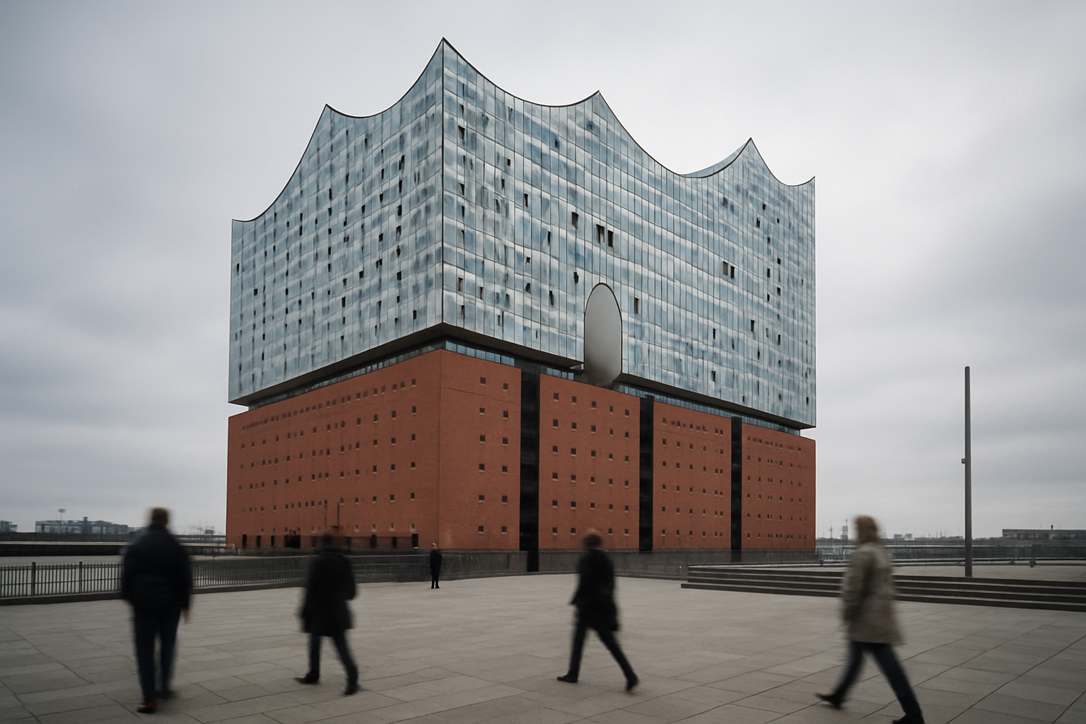 Blick auf die Elbphilharmonie in Hamburg mit Menschen auf dem Vorplatz.