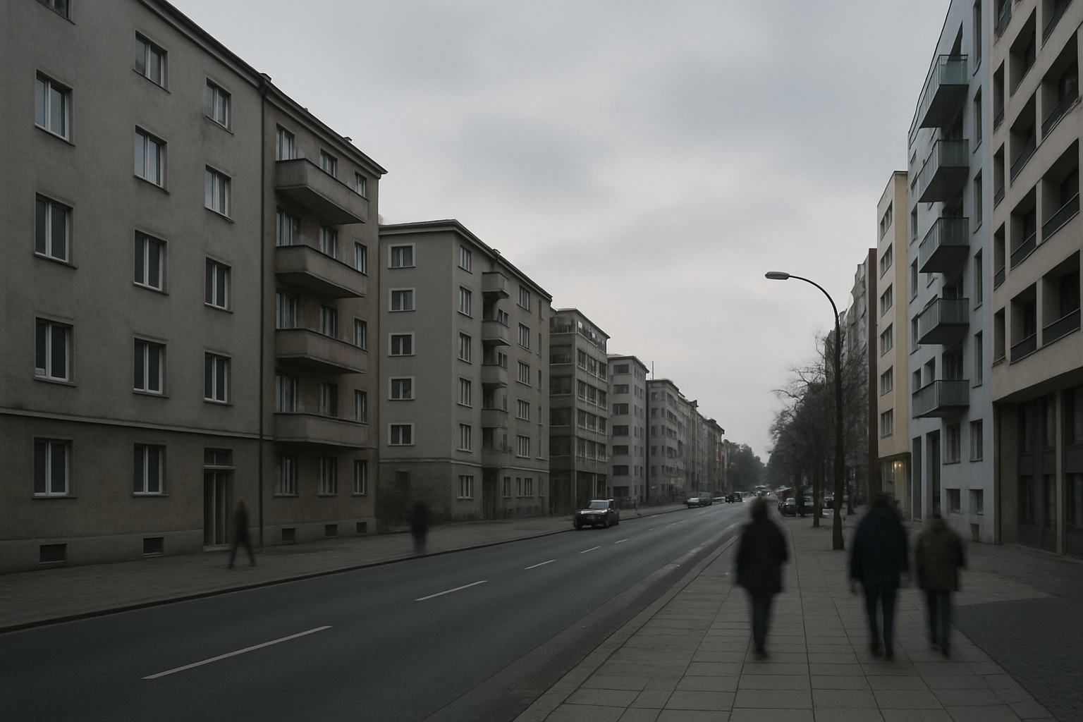 Wohnhäuser in einer deutschen Stadt bei grauem Himmel.